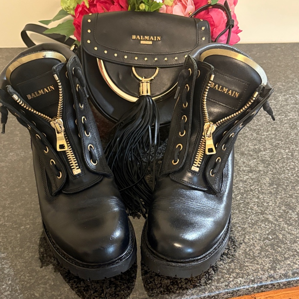 Balmain Black Leather Combat Boots with Gold Accents